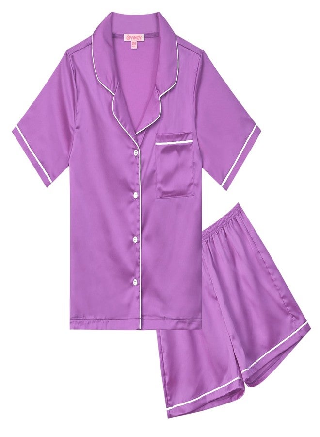 QPANCY Satin Kid Pajamas Big Girls Silk Pjs Set Boys Sleepwear Button-up Lounge Sets Purple Short Sleeve Nightwear Size 10 11 - Image 1